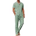 COOFANDY Men 2 Piece Linen Outfit Beach Button Down Shirt Casual Loose Pant Sets