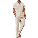 COOFANDY Men 2 Piece Linen Outfit Beach Button Down Shirt Casual Loose Pant Sets