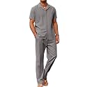COOFANDY Men 2 Piece Linen Outfit Beach Button Down Shirt Casual Loose Pant Sets