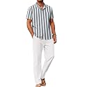 COOFANDY Men 2 Piece Linen Outfit Beach Button Down Shirt Casual Loose Pant Sets