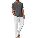 COOFANDY Men 2 Piece Linen Outfit Beach Button Down Shirt Casual Loose Pant Sets