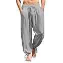 COOFANDY Men's Cotton Linen Casual Pants Elastic Waist Harem Beach Trousers