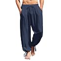 COOFANDY Men's Cotton Linen Casual Pants Elastic Waist Harem Beach Trousers