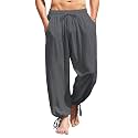 COOFANDY Men's Cotton Linen Casual Pants Elastic Waist Harem Beach Trousers