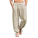COOFANDY Men's Cotton Linen Casual Pants Elastic Waist Harem Beach Trousers