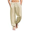 COOFANDY Men's Cotton Linen Casual Pants Elastic Waist Harem Beach Trousers