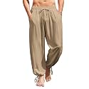 COOFANDY Men's Cotton Linen Casual Pants Elastic Waist Harem Beach Trousers