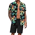 COOFANDY Men's Hawaiian 2 Piece Outfits Floral Button Down Shirt and Shorts Vacation Outfits Summer Beach Matching Set