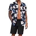 COOFANDY Men's Hawaiian 2 Piece Outfits Floral Button Down Shirt and Shorts Vacation Outfits Summer Beach Matching Set