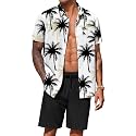 COOFANDY Men's Hawaiian 2 Piece Outfits Floral Button Down Shirt and Shorts Vacation Outfits Summer Beach Matching Set