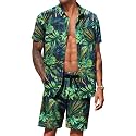 COOFANDY Men's Hawaiian 2 Piece Outfits Floral Button Down Shirt and Shorts Vacation Outfits Summer Beach Matching Set