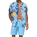 COOFANDY Men's Hawaiian 2 Piece Outfits Floral Button Down Shirt and Shorts Vacation Outfits Summer Beach Matching Set