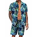 COOFANDY Men's Hawaiian 2 Piece Outfits Floral Button Down Shirt and Shorts Vacation Outfits Summer Beach Matching Set