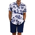 COOFANDY Men's Summer Beach Outfits 2 Piece Short Sleeve Shirts and Shorts Vacation Linen Texture Sets for Men