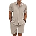 COOFANDY Men's Summer Beach Outfits 2 Piece Short Sleeve Shirts and Shorts Vacation Linen Texture Sets for Men