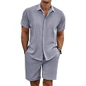 COOFANDY Men's Summer Beach Outfits 2 Piece Short Sleeve Shirts and Shorts Vacation Linen Texture Sets for Men