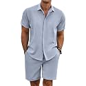COOFANDY Men's Summer Beach Outfits 2 Piece Short Sleeve Shirts and Shorts Vacation Texture Linen Texture Sets for Men,Denim Blue,L