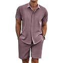 COOFANDY Men's Summer Beach Outfits 2 Piece Short Sleeve Shirts and Shorts Vacation Linen Texture Sets for Men