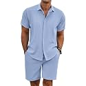 COOFANDY Men's Summer Beach Outfits 2 Piece Short Sleeve Shirts and Shorts Vacation Linen Texture Sets for Men