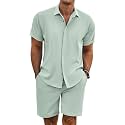 COOFANDY Men's Summer Beach Outfits 2 Piece Short Sleeve Shirts and Shorts Vacation Linen Texture Sets for Men