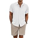 COOFANDY Men's Summer Beach Outfits 2 Piece Short Sleeve Shirts and Shorts Vacation Linen Texture Sets for Men