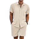 COOFANDY Men's Summer Beach Outfits 2 Piece Short Sleeve Shirts and Shorts Vacation Texture Linen Sets for Men