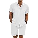 COOFANDY Men's Summer Beach Outfits 2 Piece Short Sleeve Shirts and Shorts Vacation Texture Linen Sets for Men