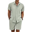 COOFANDY Men's Summer Beach Outfits 2 Piece Short Sleeve Shirts and Shorts Vacation Linen Texture Sets for Men