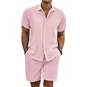 COOFANDY Men's Summer Beach Outfits 2 Piece Short Sleeve Shirts and Shorts Vacation Linen Texture Sets for Men