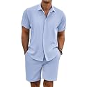 COOFANDY Men's Summer Beach Outfits 2 Piece Short Sleeve Shirts and Shorts Vacation Linen Texture Sets for Men
