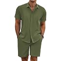 COOFANDY Men's Summer Beach Outfits 2 Piece Short Sleeve Shirts and Shorts Vacation Linen Texture Sets for Men