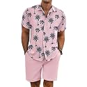 COOFANDY Men's Summer Beach Outfits 2 Piece Short Sleeve Shirts and Shorts Vacation Linen Texture Sets for Men