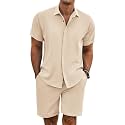 COOFANDY Men's Summer Beach Outfits 2 Piece Short Sleeve Shirts and Shorts Vacation Linen Texture Sets for Men