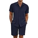 COOFANDY Men's Summer Beach Outfits 2 Piece Short Sleeve Shirts and Shorts Vacation Linen Texture Sets for Men