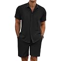 COOFANDY Men's Summer Beach Outfits 2 Piece Short Sleeve Shirts and Shorts Vacation Linen Texture Sets for Men