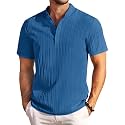 COOFANDY Men Casual Henley Tee Shirt Short Sleeve Band Collar Summer Beach Textured T-Shirt