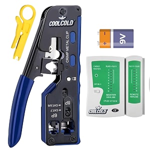 coolcold rj45 crimping tool kit with cable tester  ethernet crimper wire stripper for rj45 rj12 rj11 cat5 cat6 cat7 lan network cables heavy duty metal pass through crimp tool with safety lock
