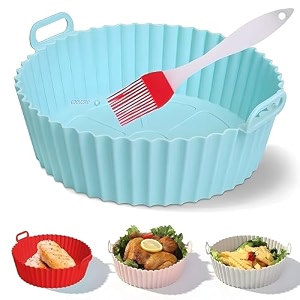 coolcold air fryer liner  round silicone basket baking tray i pot with ear handles 8in bottom fit - 42qt nonstick reusable heat resistant i cooking oven insert accessoriesblue with brush