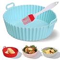 COOLCOLD Air Fryer Liner | Round Silicone Basket Baking Tray I Pot with Ear Handles 8in Bottom (Fit - 4.2QT) Nonstick Reusable Heat Resistant I Cooking Oven Insert Accessories(Blue with Brush)