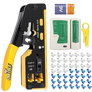 coolcold rj45 crimping tool kit  all-in-one passthrough ethernet crimper for cat5cat6cat7  includes network cable tester with battery 50pc cat6 pass-through connectors amp 50pc bootsmulticolor