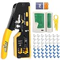 COOLCOLD RJ45 Crimping Tool Kit – All-in-One Passthrough Ethernet Crimper for Cat5/Cat6/Cat7 – Includes Network Cable Tester with Battery, 50pc Cat6 Pass-Through Connectors &amp; 50pc Boots(Multicolor)