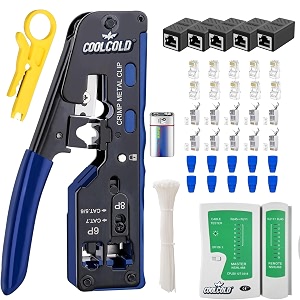 coolcold rj45 crimping tool kit  pass through ethernet crimper for cat55e66a cat7  10 cat7  cat6 connectors 10 boot network cable tester with 9v battery 5pc lan couplers 10pc cable ties