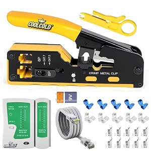 coolcold rj45 crimping tool kit with lan network cable tester  pass through ethernet rj45 rj11 rj12 crimper for cat7 cat6a cat6 cat5e includes 10 cat6  10 cat7 connectors 10 boots amp 1m cat6 cable