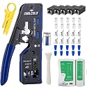 COOLCOLD RJ45 Crimping Tool Kit | Pass Through Ethernet Crimper for Cat5/5E/6/6A, Cat7 | 10 Cat7 + Cat6 Connectors, 10 Boot, Network Cable Tester with 9V Battery, 5pc LAN Couplers, 10pc Cable Ties
