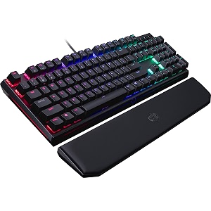 cooler master mk750 rgb mechanical keyboard - blue mx cherry switch  rgb lightbars  type c detachable cable  dedicated media keys  software controlled  wrist rest included