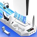 PS5/Slim/Pro Cooling Station for PS5 Disc & Digital Console, PS5 Stand Cooling Fan Charging Station with 3 Level Fan, LED Controller Charger, PS5/Slim/Pro Accessories with 3 USB Hubs & Headset Holder