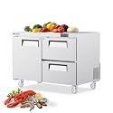 Coolski Commercial Worktop Undercounter Refrigerator with Drawer/Door Combo, 48" W 2 Drawers Under Counter Fridge with 4 Pans, 12.1 Cu.ft. Stainless Steel Refrigerator for Restaurant, Bar, Kitchen Use