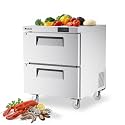 Coolski Commercial Worktop Undercounter Refrigerator with Drawers, 27" W 2 Drawers Under Counter Fridge with 6 Pans, 5.2 Cu.ft. Stainless Steel Refrigerator for Restaurant, Bar, Shop, Kitchen Use
