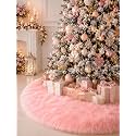 COOLWUFAN 48 Inches Faux Fur Christmas Tree Skirt, Pink Plush