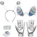 Coopay Halloween Alien Headband and Glasses Glitter Set, Space Costume Accessories for Women, Holographic Glitter Alien Accessories, Rainbow Lens Sunglasses, Gloves, Boppers Antenna Headband
